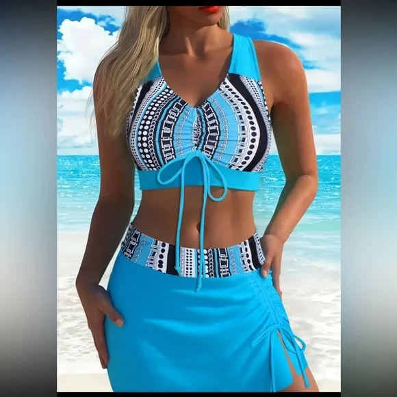 Ethnic Style Women's Bikini Three-piece Swimsuit NEW sz large  Blue - Picture 3 of 7
